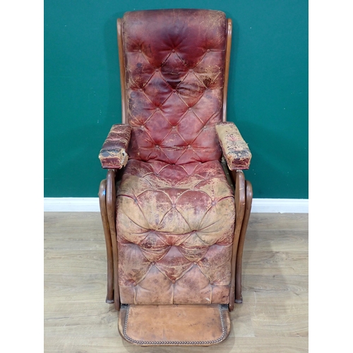 457 - A Victorian mahogany framed metamorphic reclining Armchair with brown leather button upholstery moun... 