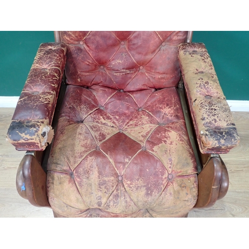 457 - A Victorian mahogany framed metamorphic reclining Armchair with brown leather button upholstery moun... 