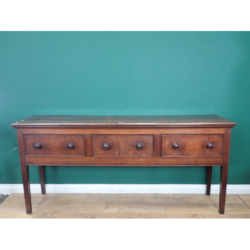 462 - An 18th Century oak Dresser Base fitted three frieze drawers on squared tapering supports, 6ft 2in W... 