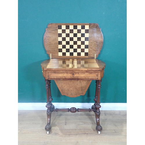 474 - A Victorian burr walnut fold over Games Table fitted frieze drawer and sliding box compartment mount... 