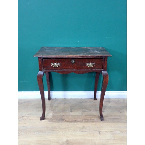 484 - An 18th Century oak Side Table fitted single frieze drawer above shaped apron and mounted upon squar... 