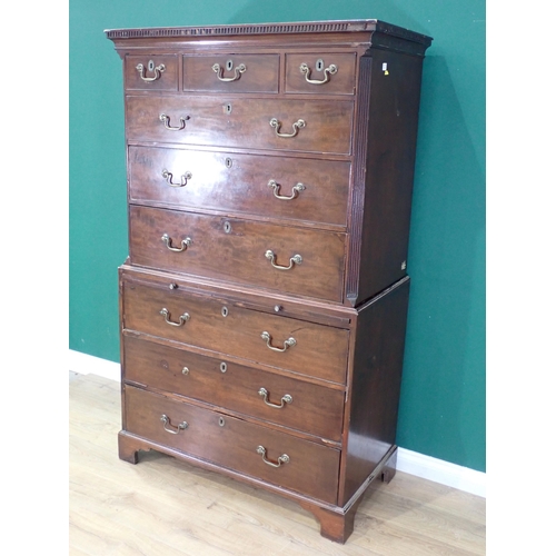 533 - A George III mahogany Chest on chest with dentil cornice above three short and six graduated long dr... 