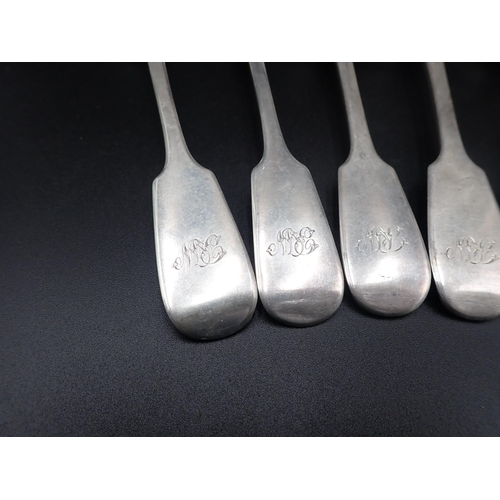 75 - Six 19th Century silver Table Spoons, fiddle pattern, engraved initials, London 1836, 1829, etc, 420... 