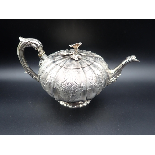 88 - A fine 19th Century silver matched three piece Tea Service of melon shape with finely chased and eng... 