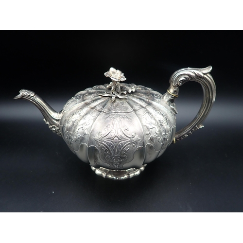 88 - A fine 19th Century silver matched three piece Tea Service of melon shape with finely chased and eng... 