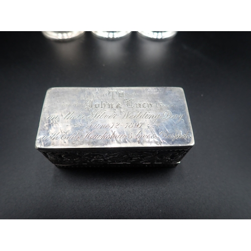 99 - A white metal rectangular Trinket Box and Cover with floral scroll embossing and presentation inscri... 