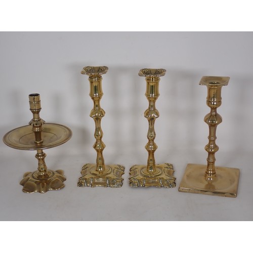 344 - Three pairs of brass Candlesticks in the 18th Century style, another 18th Century Candlestick with d... 