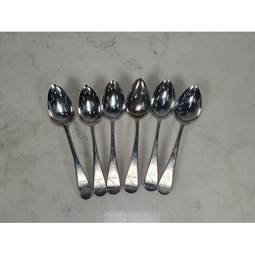 59 - Six George III silver Dessert Spoons, old English pattern, engraved bird crests, five with Newcastle... 