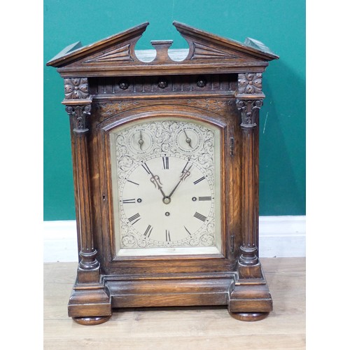 407 - A late 19th Century Bracket Clock with silvered dial, three train striking and chiming movement, in ... 