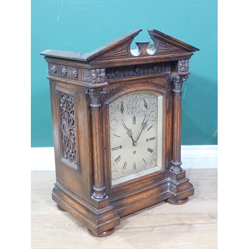 407 - A late 19th Century Bracket Clock with silvered dial, three train striking and chiming movement, in ... 