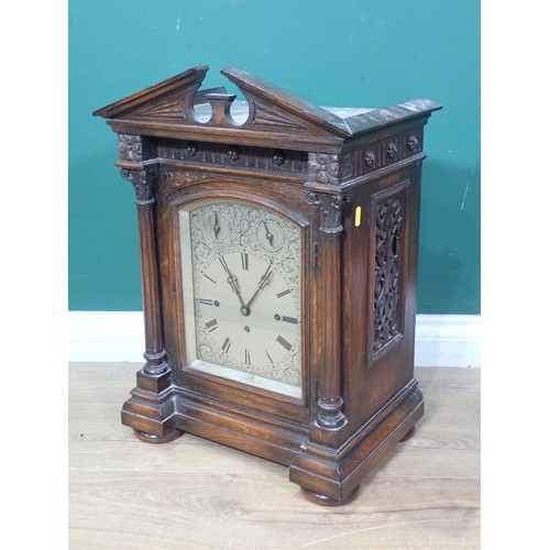 407 - A late 19th Century Bracket Clock with silvered dial, three train striking and chiming movement, in ... 