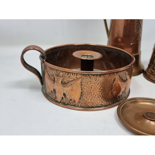 349 - An Arts and Crafts embossed copper Chamberstick, with frieze design of bats, 7in diam, a Joseph Sank... 