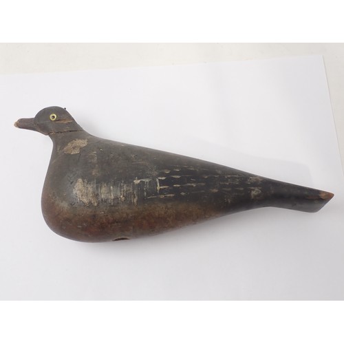 1358 - An antique wooden painted full bodied Pigeon Decoy with carved beak and inset glass eyes (A/F), 5 1/... 