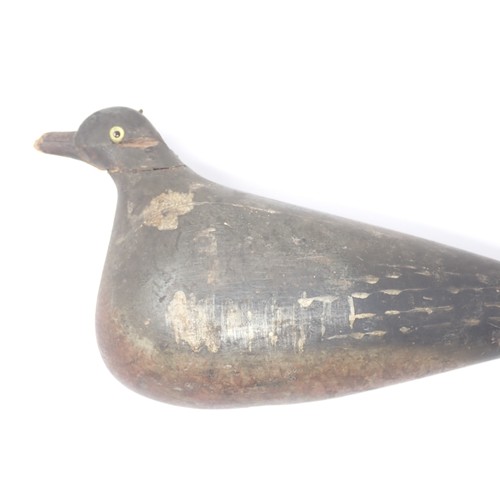 1358 - An antique wooden painted full bodied Pigeon Decoy with carved beak and inset glass eyes (A/F), 5 1/... 