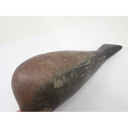 1358 - An antique wooden painted full bodied Pigeon Decoy with carved beak and inset glass eyes (A/F), 5 1/... 