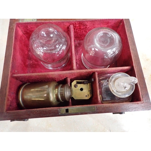 420 - A Cupping Set in mahogany, Box containing two cups, a Down Bros Burner, and a Scarifier, 7¼in W