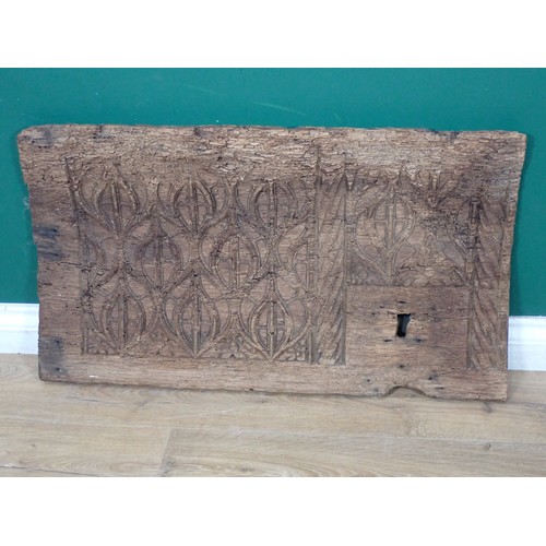 651 - A Medieval oak Chest Front carved tracery and leafage, 2ft 8in x 1ft 6in, badly warped