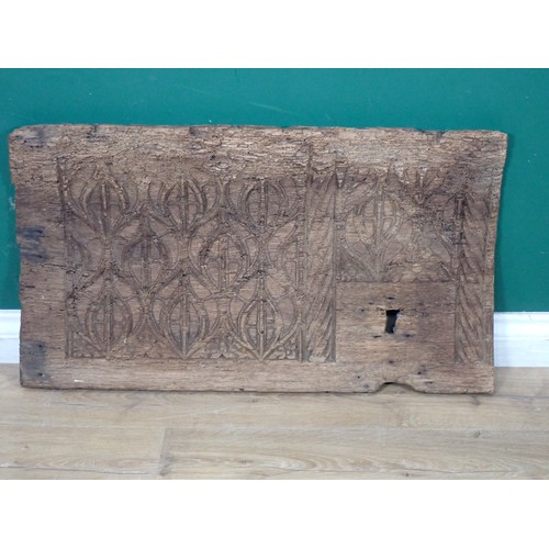 651 - A Medieval oak Chest Front carved tracery and leafage, 2ft 8in x 1ft 6in, badly warped