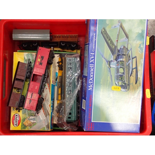 368 - Two boxes of 00 gauge Hornby Rolling Stock, Airfix Signal Gantry, Glencoe Models McDonnell XV-1 plas... 