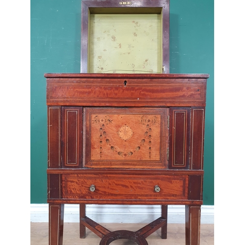 11 - A 19th Century Sheraton style mahogany and satinwood Cellarette with green painted interior and fan ... 