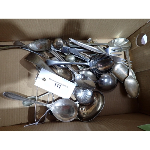 111 - Six Victorian silver Teaspoons, fiddle pattern, Exeter 1881, and a silver Salt Spoon, plated Cutlery