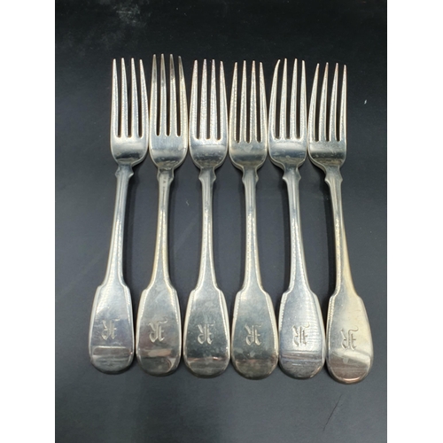 126 - Six William IV silver Dinner Forks fiddle pattern, engraved initials, Newcastle 1830, maker: A.R., 4... 