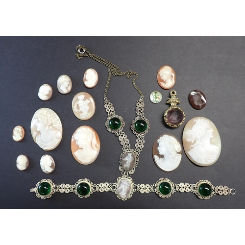 206 - Twelve unmounted Cameos, cameo set Necklet and Bracelet, various Intaglios and Brooch inserts