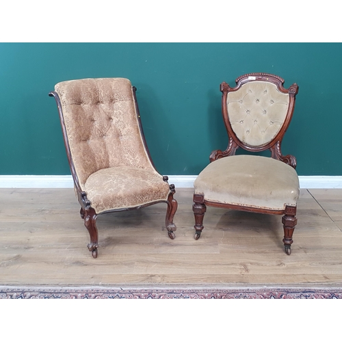 24 - A Victorian walnut framed shield back Chair with green button upholstery and a mahogany framed Nursi... 