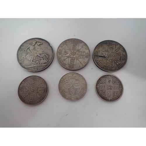 260 - A collection of silver Coins, George I - George V, to include Crown 1891, Double Florins 1887 x 2, F... 