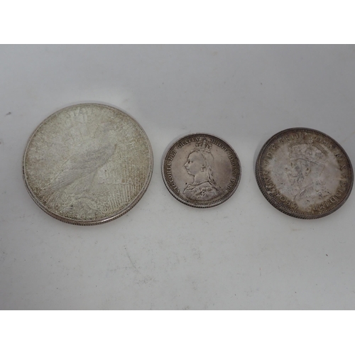 276 - A United States Peace Dollar 1922, Victorian Shilling 1887, three Australian Florins, minor silver I... 