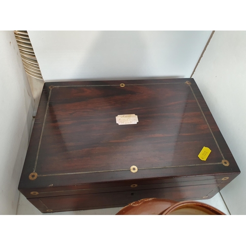 303 - Three stoneware moulded Jugs, an oak Box and a 19th Century rosewood Sewing Box