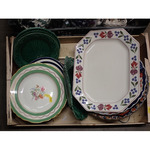 306 - Three boxes of ceramics and glassware including Imari Chargers, Meat Plates, Staffordshire Vase, Vas... 