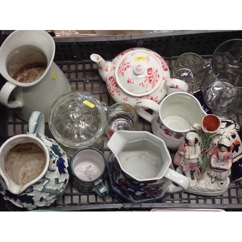 306 - Three boxes of ceramics and glassware including Imari Chargers, Meat Plates, Staffordshire Vase, Vas... 