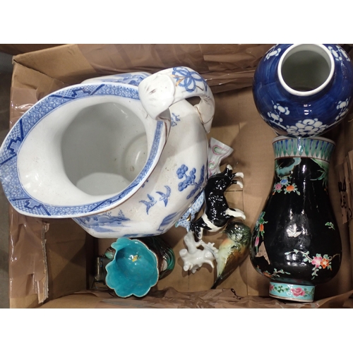 326 - An early Worcester type blue and white Bowl (cracked), a floral encrusted bottle Vase (lacking stopp... 