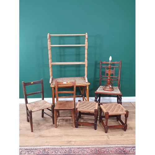 35 - A cane work Coffee Table, a Towel Rail, an Edwardian Bedroom Chair, a pair of Cane Stools, two child... 