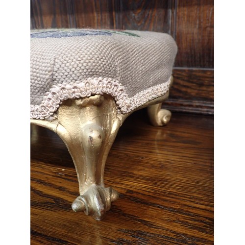 55 - A Victorian giltwood small Footstool with floral woolwork top on dwarf cabriole legs, 13 x 12in