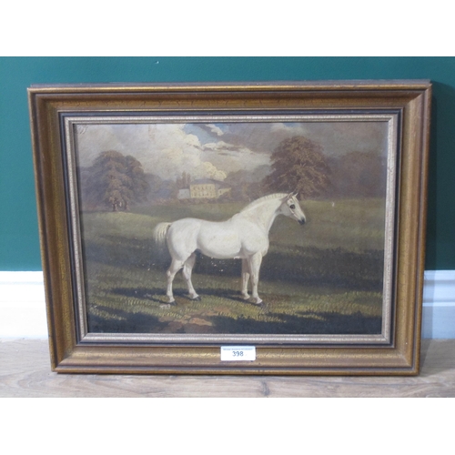 398 - ENGLISH SCHOOL, LATE NINETEENTH CENTURY. A horse in a meadow before a country house, indistinctly si... 