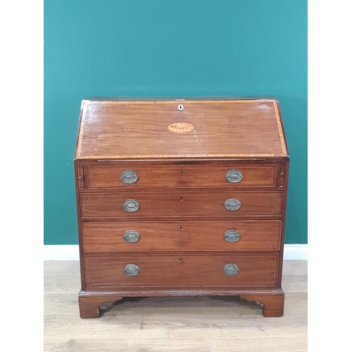 43 - A 19th Century mahogany Bureau with inlaid sloping front enclosing a fitted interior above four long... 