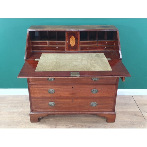 43 - A 19th Century mahogany Bureau with inlaid sloping front enclosing a fitted interior above four long... 