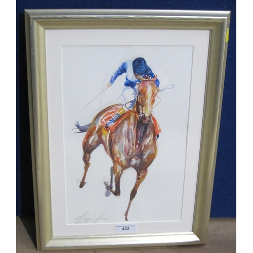 432 - JACQUIE JONES. 'Coming under Pressure' (Horse and Jockey), signed, pencil and watercolour, 14½ x 9½i... 