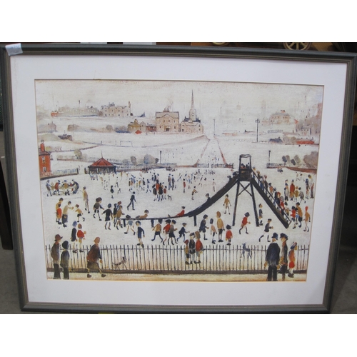 434 - AFTER LOWRY. Figures and Children in a Playground, colour reproduction, 17½ x 24in; two other colour... 