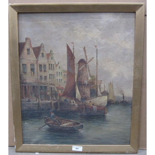 441 - R. MONTI. A Continental harbourside scene, signed, oil on canvas, 24 x 20in