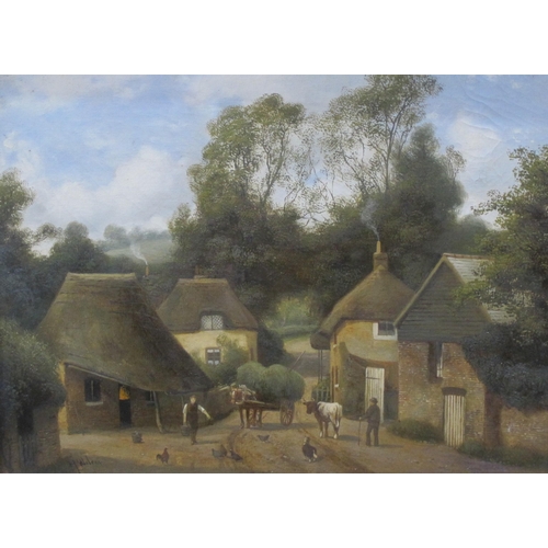 442 - H. WILCOX. Outside a Pub at Harvest-time; On a Village Street, signed, oil on canvas, 12 x 16in; a p... 