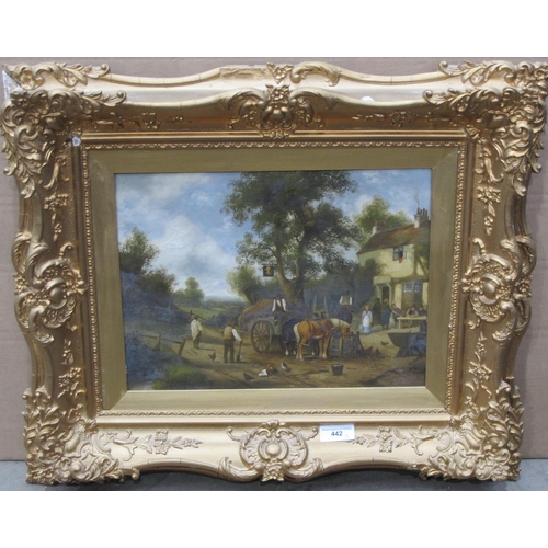 442 - H. WILCOX. Outside a Pub at Harvest-time; On a Village Street, signed, oil on canvas, 12 x 16in; a p... 