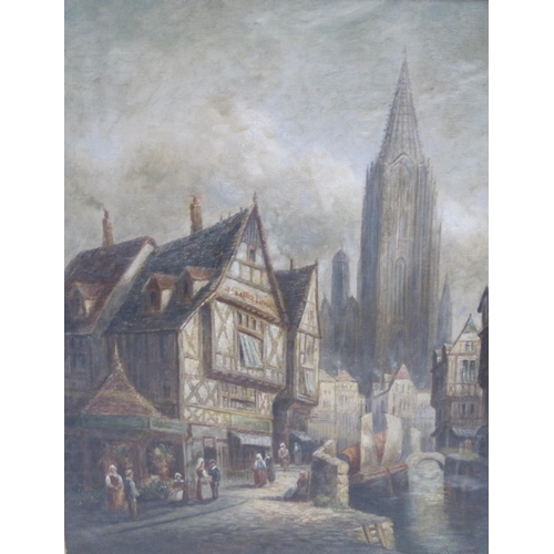 443 - JULES ROUSSEAUX. Continental town scenes with figures, signed, oil on canvas, 18 x 14in; a pair (2)