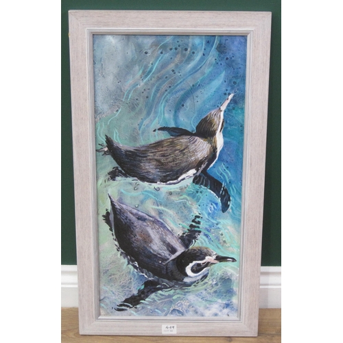 449 - L.J. CONNOLLY RBSA. Play-time (African Penguins), acrylic on board, 9 x 25in; two watercolours by Al... 