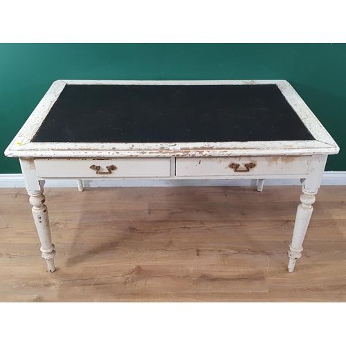 452 - A white painted pine Kitchen Table fitted two drawers to each side on turned supports, 4ft 6in x 3ft... 