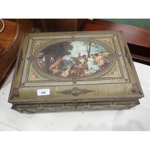 246 - A large antique Biscuit Tin with panels of Classical scenes stamped GBC, a lacquered lidded Jar and ... 