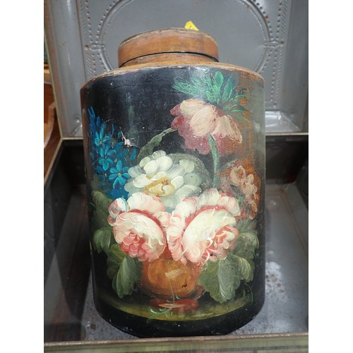 246 - A large antique Biscuit Tin with panels of Classical scenes stamped GBC, a lacquered lidded Jar and ... 