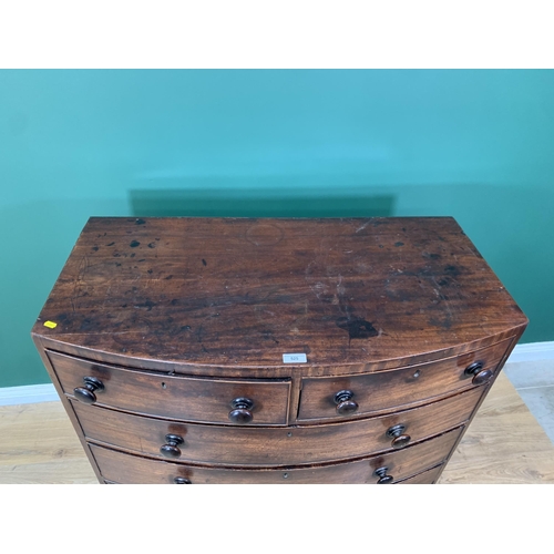 525 - A 19th Century mahogany bow fronted Chest of two short and three long drawers on splayed feet 3ft 6i... 